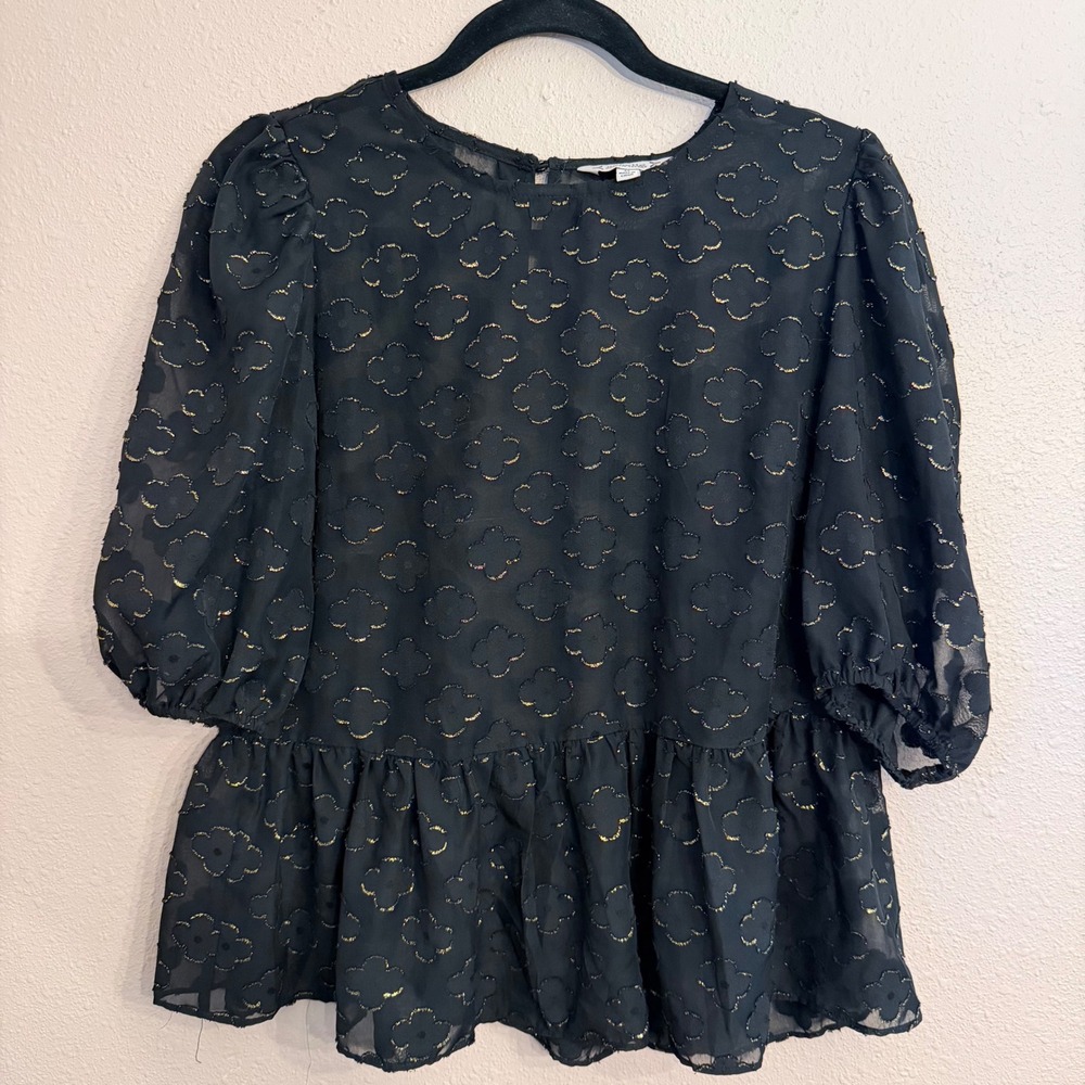 Nanette Lepore Black Gold Metallic Clover Peplum Blouse Puff Sleeve Medium
